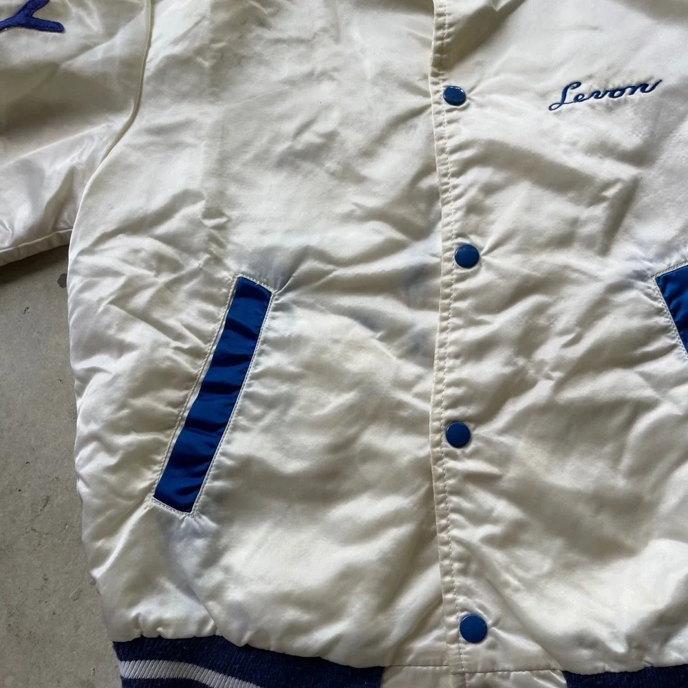 Vintage Hewitt Mfg Palisades Park Track Field Satin Varsity Jacket Cream Blue 86